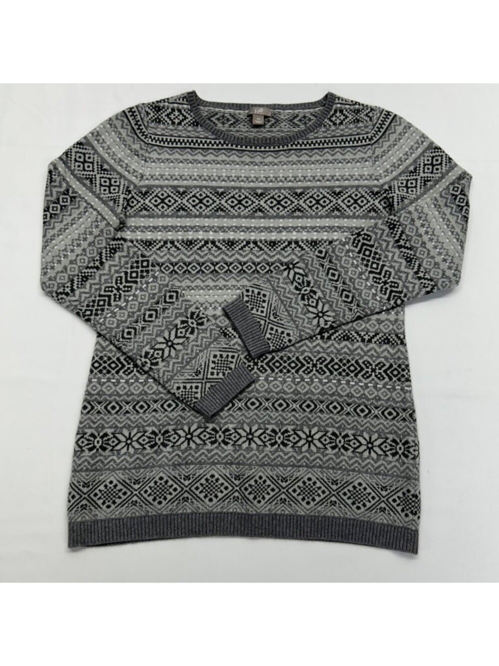 J. Jill Womens Gray Fair Isle Knit Sweater Crewneck Long Sleeve Pullover XS